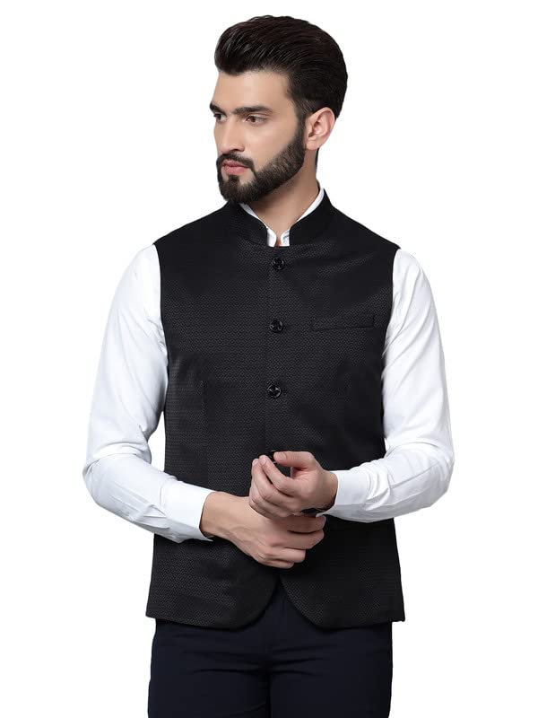 Men's Self Design Mandarin Collar Waist Coat-image-20