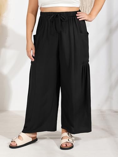 SEKINO Women's Plus Size Wide Leg Palazzo Pants Drawstring Casual Loose Beach Travel Vacation Flowy Lounge Pants with Pockets2