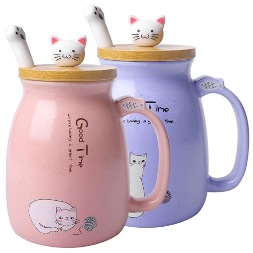Juego de 2 tazas de café de cerámica con tapa kawaii y cuchara, juego de tazas de café con diseño de gato para amantes de los gatos y niñas (rosa + morado) Juego de 2 tazas de café de cerámica con tapa kawaii y cuchara, juego de tazas de café con diseño de gato para amantes de los gatos y niñas (rosa + morado)