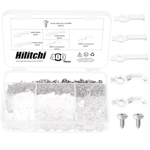 Image of Hilitchi 400Pcs Strip Light Mounting Bracket Strip Light Holder Clip One-Side Fixing Clip with 200 Screws 8MM 10MM 12MM LED Strip Mounting Bracket for Waterproof Strip Lights (White Transparent Color)
