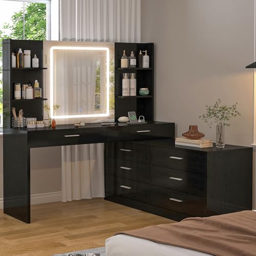 Image of FIONESO Vanity Desk with LED Light Mirror & Power Outlet, 8 Drawers, 6 Storage Shelves, 3 Color Modes & Adjustable Brightness Makeup Vanity, Corner Vanity, L Shape Vanity, 39.4 inch-64.9 inch Desk, Black