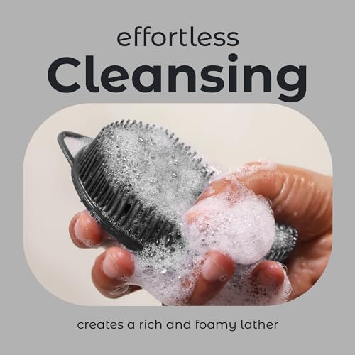 Image of MainBasics Exfoliating Silicone Body Scrubber Pro 2-in-1 Shower Scrubber for Body, Silicone Loofah and Body Massager (Black, Body + Massage)