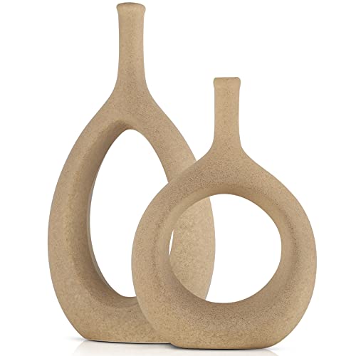 Matte Beige Ceramic Vase Japandi Sandstone Stylistic Home Decor, Tan Circle Vases With Hole, Neutral Rustic Centerpiece Table Decorations Flower Vase, Minimalist Vase Farmhouse Dinner Table Decor #TOP11