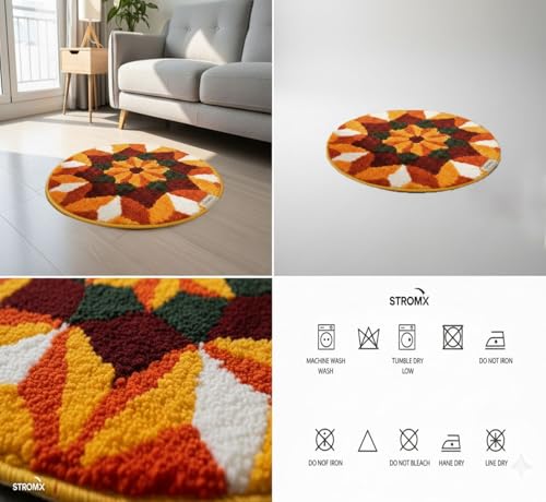 Image of Rangoli (60x60 cm) Super Soft Microfiber Decorative Mat Anti-Skid Door Mats for Home /Bathroom Mat /Bedroom /Kitchen /Floor Mat (Maroon & Orange)