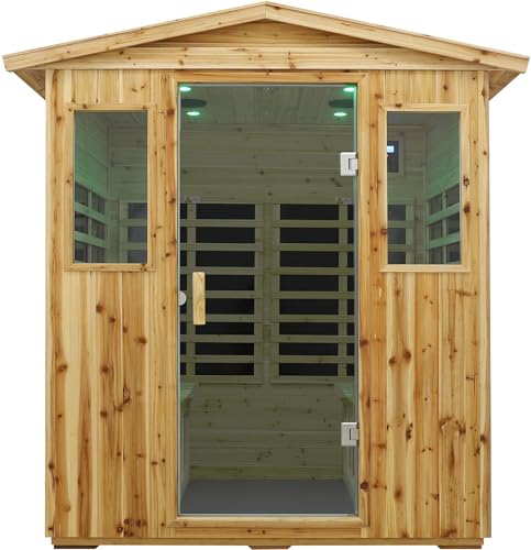 Image of LTCCDSS Low EMF Outdoor Far Infrared Sauna 4-Person, Hemlock Wood Sauna for Home, Withstand Temp -5℉-104℉, Bluetooth Speakers, LED Reading Lamps, Chromotherapy Lights