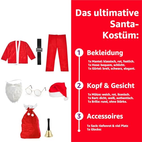 FASCHINFEVER 8 in 1 Set Santa Claus - Weihnachtsmannkostüm & Nikolauskostüm - für Weihnachten - Kostüm für Nikolaus - Weihnachtsmann - Herren & Erwachsene - Santa Claus
