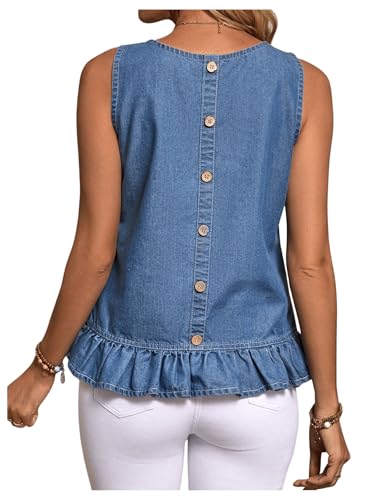 SweatyRocks Women's Ruffle Sleeveless Blouse Button Back Denim Tank Tops