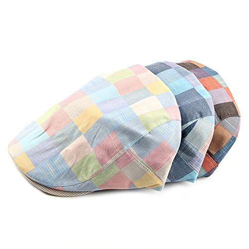 Image of Gudessly Mens Adjustable Colorful Striped Plaid Ivy Newsboy Cabbie Gatsby Golf Cap Flat Cotton Hat Thin Cap