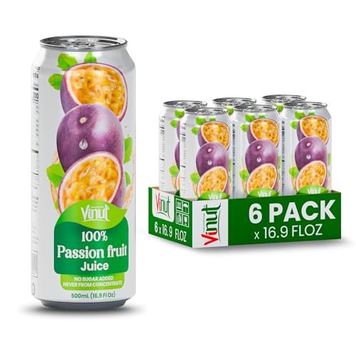 Image of VINUT 100% Passion Fruit Juice, No Added Sugar, Not From Concentrate, 16.9 fl oz (500 mL) Can, Pack of 6