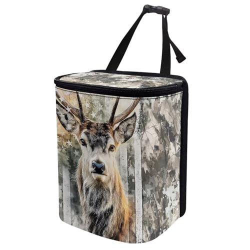 Image of Talayituse Hunting Camo Elk American Flag Print Car Trash Can with Lid, Leak Proof Auto Trash Bag Hanging Vehicle Garbage Can Multipurpose Storage Container for Back Seat Road Trip