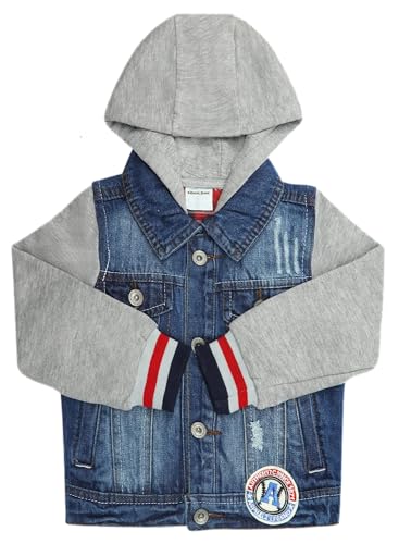Little Big Boy Grey Hooded Patchwork Jean Jacket,Casual Rocket Printed Denim Coat
