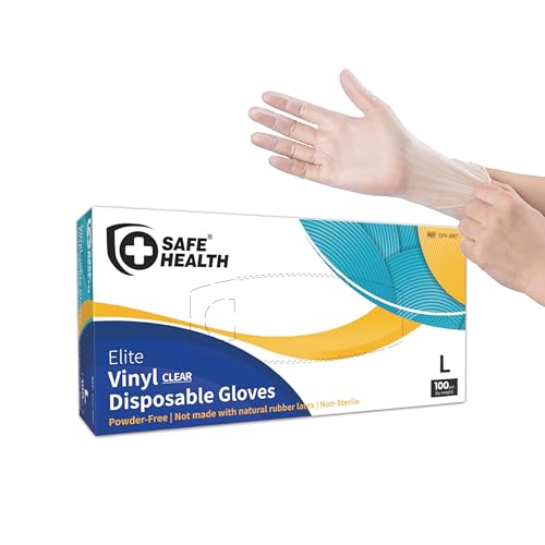 Safe Health Guantes desechables de vinilo multiusos de plástico, seguros para alimentos, sin látex, sin polvo, no estériles, 3 mil para limpieza, lavado, salón, servicio, hogar, diario, grande (caja