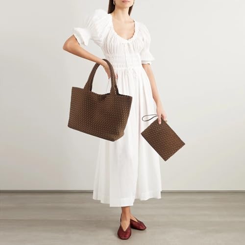 Image of Woven Bag for Women, Large Neoprene Tote Bag Summer Beach Handbag Purse Retro Handmade Travel Shoulder Bag Set