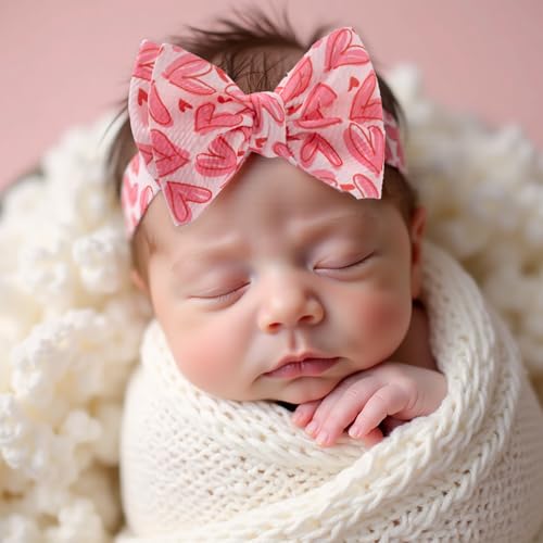 Infant bows Baby girls Bows Red& Pink Heart Headband, Newborn Soft Baby Hairband, One sizes fits All Baby (pink love&red)3