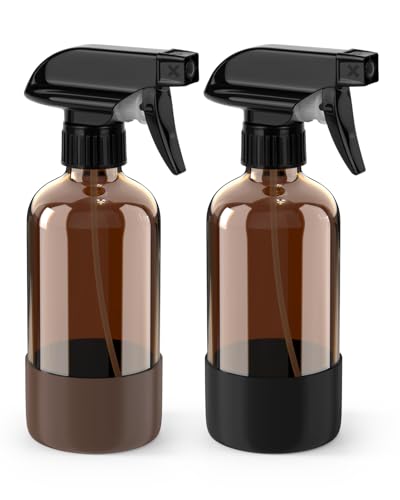 Bontip Glass Spray Bottle with Silicone Sleeve Protection, Amber Glass Spray Bottle Set for Window Cleaner Aromatherapy Facial Hydration Watering Flowers Hair Care 2 Pack/8 oz (Black & Brown)
