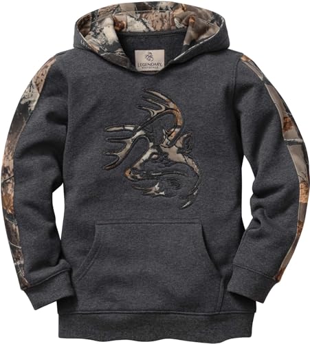 Legendary Whitetails Kids Pullover Hoodie Camo Sweatshirt Comfy V-Neck Design, Charcoal Heather, LRG
