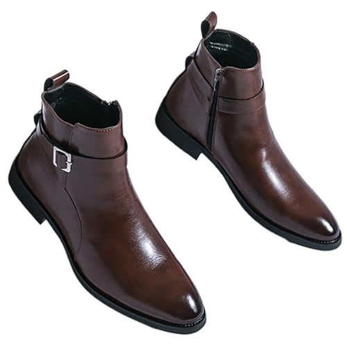 Leather Buckle Strap Dress Pointed Toe Side Zip Business Casual for Men,Comfortable Classic Flat Low Chunky Block Heel