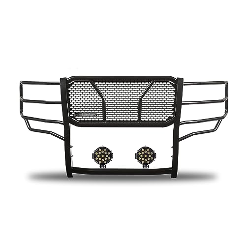 Image of Black Horse Rugged Heavy Duty Grille Brush Bumper Guard Modular Black Come with Pair of 7.0 inch Dia.LED Lights with Black Trim Rings Compatible with 2011-2014 Silverado 3500 HD /2500 HD-RU-CHSI11-B-PLB