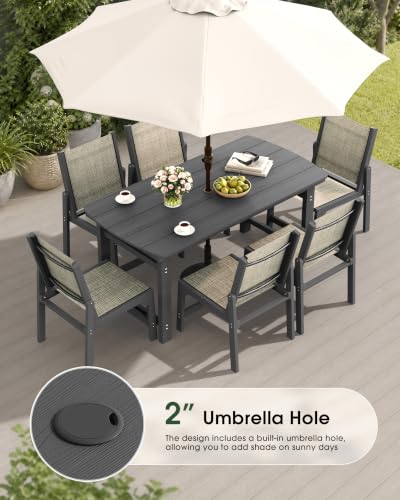 Image of HDPE Outdoor Patio Dining Set with Table & 6 Stackable Armless Textilene Chairs, All-Weather 7-Piece Dining Table Set with Umbrella Hole, Patio Furniture for Garden, Poolside, Backyard, Deck | Grey