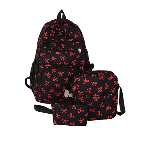 Bow Backpack for Girls, Trendy Nylon Rucksack, Cute Preppy Bag Floral Printed Kawaii Backpack 3 PCS Set (Red)