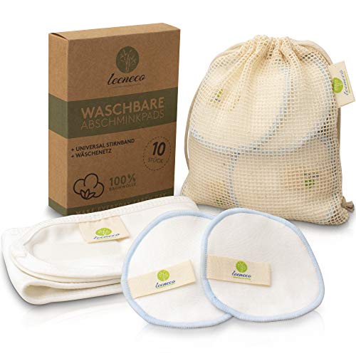 Preisvergleich Produktbild Leenecos waschbare Abschminkpads - [10er Set] wiederverwendbare Abschminktücher als Alternative für Wattepads - Gesichtsreinigungstücher aus 100% Baumwolle - inkl. Stirnband & Wäschenetz (hellblau)