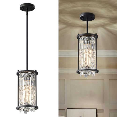 Image of LMQNINE Modern Black Pendant Light Fixtures for Kitchen Island, Crystal Chandelier Lights Fixture, Adjustable Farmhouse Pendant Lighting for Dining Room Bedroom (Round 1-Light)