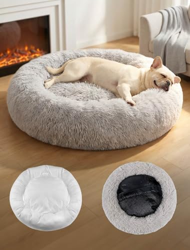 OKPOW Donut Dog Bed Large Washable - 80cm Dog Bed with Removable Cover Anti Anxiety Calming Cosy Fluffy Plush Puppy Kitten Round Super Soft Snuggle Pet Cat Beds for Indoor Cats Light Grey