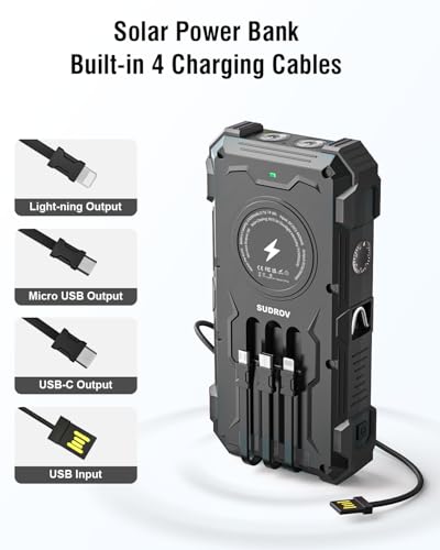 Image of Sudrov Solar Charger Power Bank, 20000mAh Wireless Portable Charger with USB-C in /Output, QC3.0 Fast Charging 15W 4 Ports Outdoor Battery Pack Built-in Dual Led Flashlights for iPhone Samsung etc