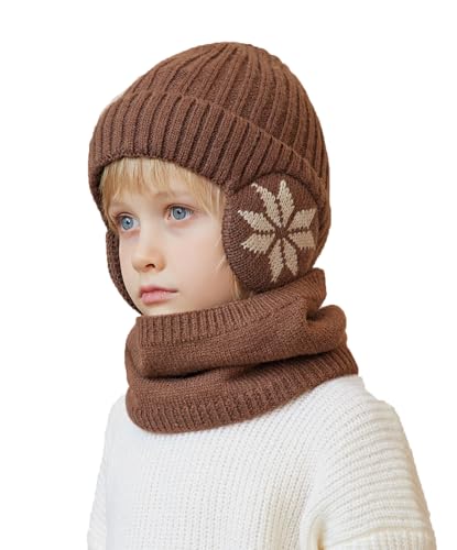 YAMEE Bonnet Chaud écharpe Ensemble pour Enfants avec Doublure Peluche Doux Cache-oreilles Chaud,2 Pièces Tricoté Beanie Cache-Cou Enfants Hiver Coupe-Vent,Chapeau pour Fille Garçon 4-10 Ans