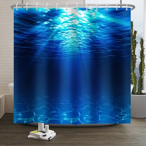 Xiaoterna Ocean Shower Curtain Water Shower Curtain Summer Holidays in Beach Pool Sea Shower Curtain Deep Sea Blue Ocean Scenery Shower Curtain Machine Washable Waterproof Fabric 240x180cm