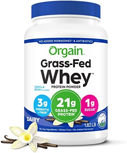 Orgain Grass Fed Whey Protein Powder, Vanilla Bean - 21g of Protein, Low Net Carbs, Gluten Free, Soy Free, No Sugar Added, Kosher, 1.82 Lb (Packaging May Vary)