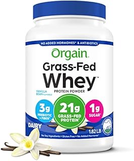 Orgain Grass Fed Whey Protein Powder, Vanilla Bean - 21g of Protein, Low Net Carbs, Gluten Free, Soy Free, No Sugar Added, Kosher, Non-GMO, 1.82 Lb (Packaging May Vary)
