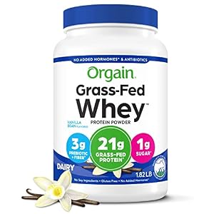 Orgain Whey Protein Powder, Vanilla Bean – 21g Grass Fed Dairy Protein, Gluten Free, Soy Free, No Sugar Added, Kosher, No Added Hormones or Carrageenan, For Smoothies & Shakes – 1.82lb
