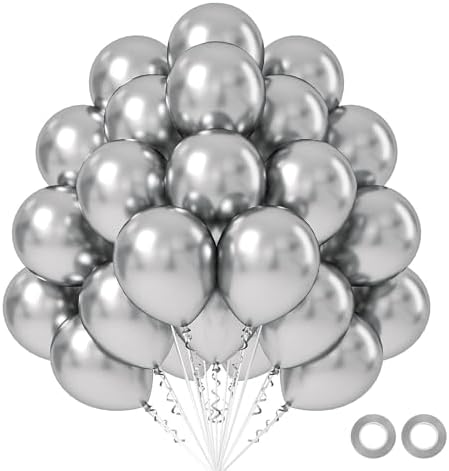 Luftballons Metallic Silber, 50 Stück 30 cm / 12 zoll Metallic Chrom Ballons, Silber Helium Luftballon mit 2 Ballons Rollen Band für Geburtstag, Hochzeit, Babyparty, Halloween, Wei
