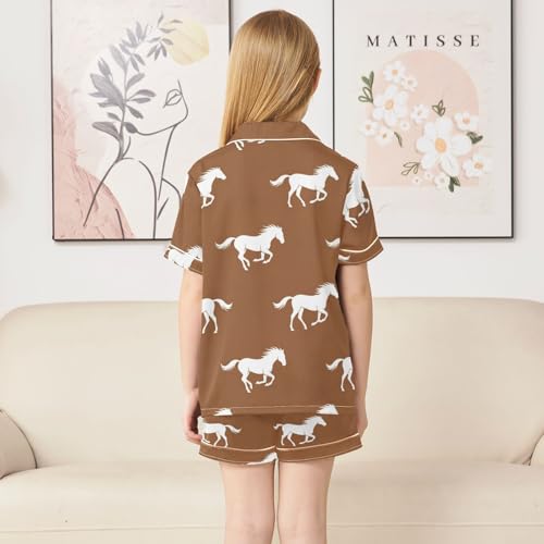 Satin Pajama Sets Short Sleeve Brown Background with Horses Button Down Silky Nightwear 2 Piece PJS 5-14Y4