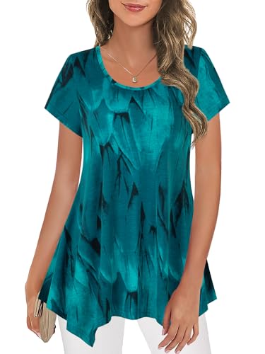 Nandashe Women Short Sleeves Tunic Shirts Casual Scoop Neck Floral Irregular Hem Blouses Tops