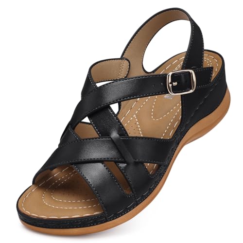 TEMOFON Flat Women Sandals Wide: Black Brown White Leather Summer Sandal - Rubber Sole - Dressy Comfortable Walking Sandal Size 5-11