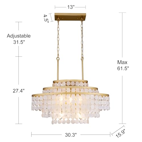 Wellmet Coastal Capiz Shell Chandelier, 6 Lights Beach Light Fixture, Sea Shell Pendant Lighting for Dining Room, Gold Oval Ceiling Light for Kitchen Island, 30.3" L X 16" W - Image 2