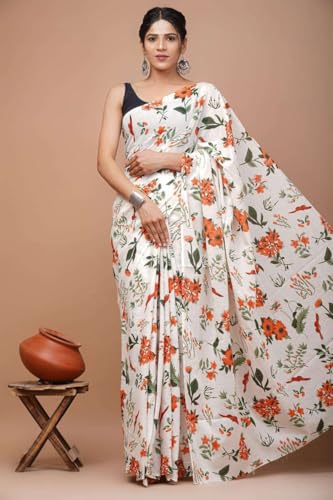 Image of Hand Block Printed Cotton Mulmul Saree | Soft Lightweight Summer Saree | Pure Cotton Traditional Indian Saree for Women