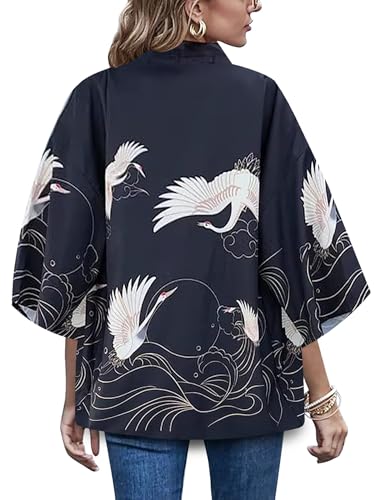 Image of LAI MENG FIVE CATS Women's Floral Print Loose Blouse Japanese Kimono Tops | Puff Sleeve,Cover up Top,Casual Cute Tops,Summer Cardigans 2026