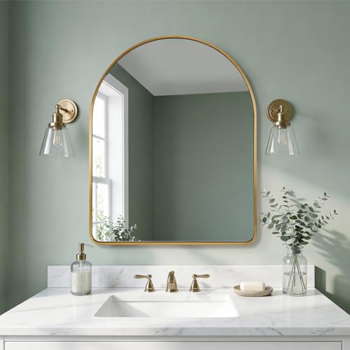 ANDY STAR 24x30’’ Brass Bathroom Mirror, Gold Arched Mirror, Arched Top Rounded Corner Seamless Tube Metal Framed, 1’’ SUS304-Anti-Rust, Wall Mounted Vertical for Bathroom, Entryway, Over Sinks