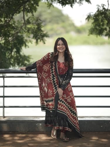 Image of ANNI Designer Women's Rayon Viscose Anarkali Kurta Set with Pant and Dupatta | Stylish Long Kurti Dress for Festive, Party, and Ethnic Wear