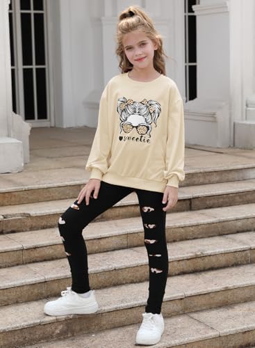 Alakuoti Fall Girls Outfits Size 6 Girls Fashion Print Sweatshirt Pullover Tops and Leggings Sweatpants 2 Piece Beige Leopard 5-6 Years - image 2