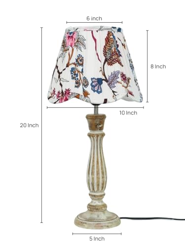 Image of Green Girgit Wooden Distress White Athens Lamp with Pleeted Multicolor Red Floral Lotus Shape Lamp Shade