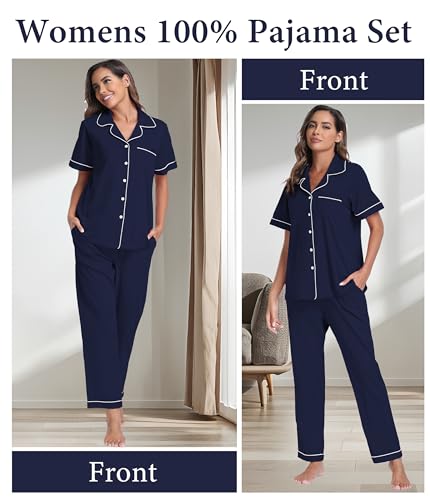 CF Womens 100% Cotton Pajamas Set Button Down Pjs Sets Short Sleeve Top & Long Pants Sleepwear Comfy Loungewear with Pockets3