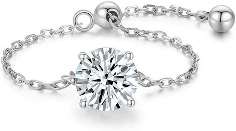 Solitaire Diamond Link Chain Statement Ring Cubic Zirconia with Dangling Bead Ball Tassel Adjustable Stacking Rings Promise Eternity Wedding Engagement Finger Bands Dainty Jewelry for Women Her