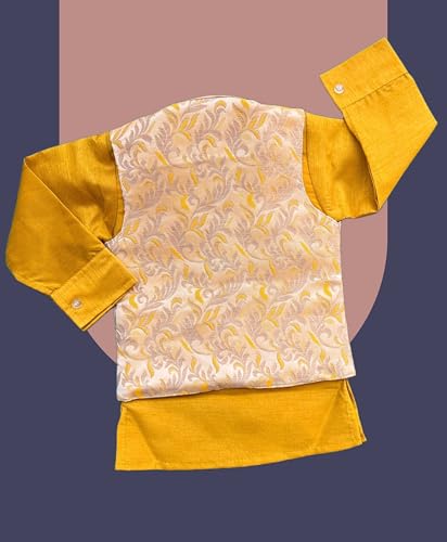 Image of Little Kids Ethnic Wear Kurta Pyjama and Waistcoat Set For Boys | Stylish Ethnic Wear | 3-piece set | Silk and Cotton Blend Fabric