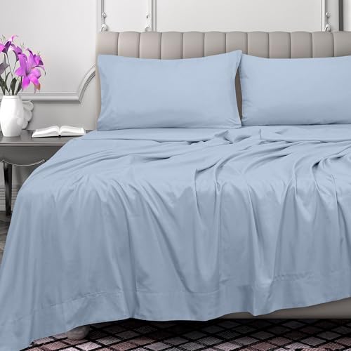 Image of Royale Linens 300 Thread Count 100% Long Staple Combed Cotton Flat Sheet - Super Soft - Top Sheets - King Flat Sheet Sold Separately - Breathable, Cool & Crisp Percale Sheets Only (King, Lake Blue)
