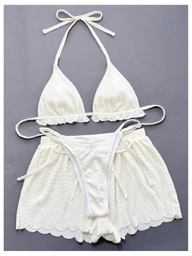 SOLY HUX Women's 3 Piece Bikini Sets Frill Trim Halter Swimsuit Backless Textured Bathing Suit with Shorts3