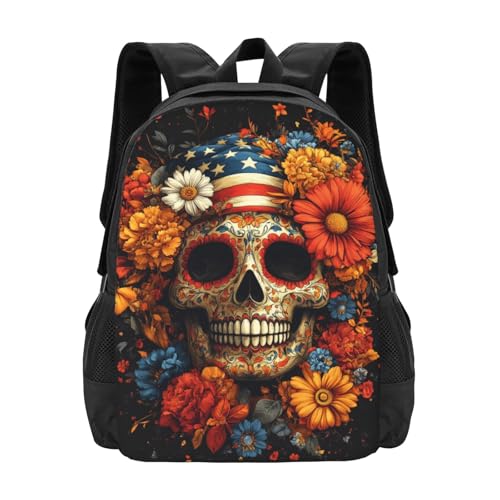 Image of Floral Skull Print Backpack For Men Women Lightweight Daypack For Daily Commutes Business Travel Hiking